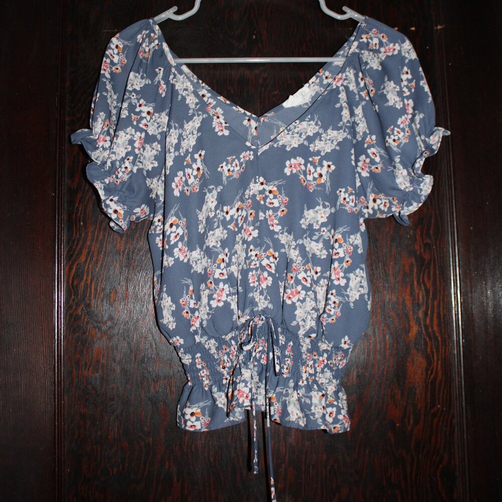 Sienna Sky Floral Blue Puff Sleeve Ruffle Bottom Cinched Waist V-Neck and Back